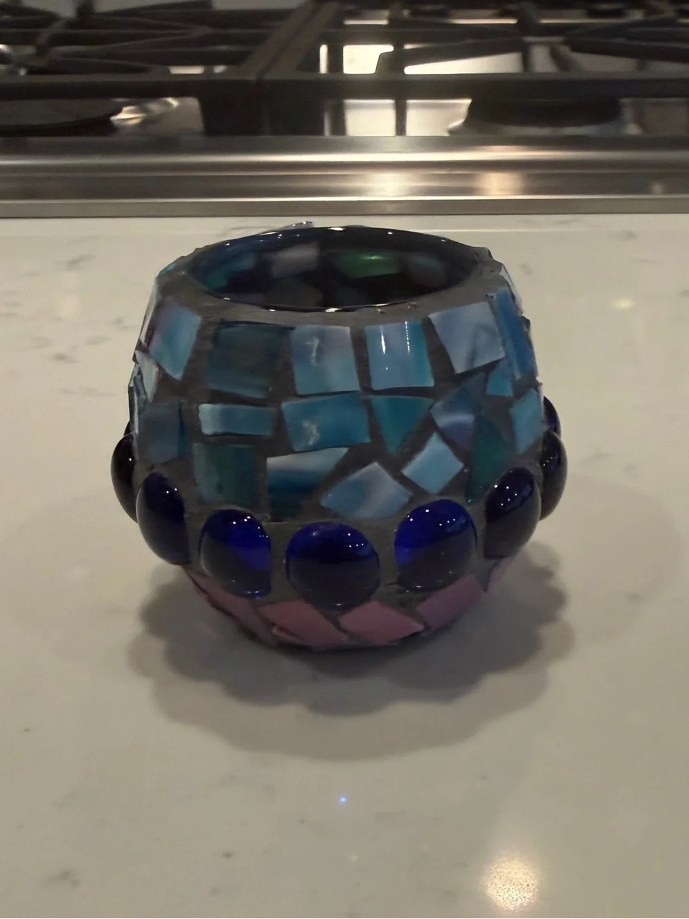 Handmade Mosaic Glass Votive Candle Holder Blue Aqua Pink Boho Decor